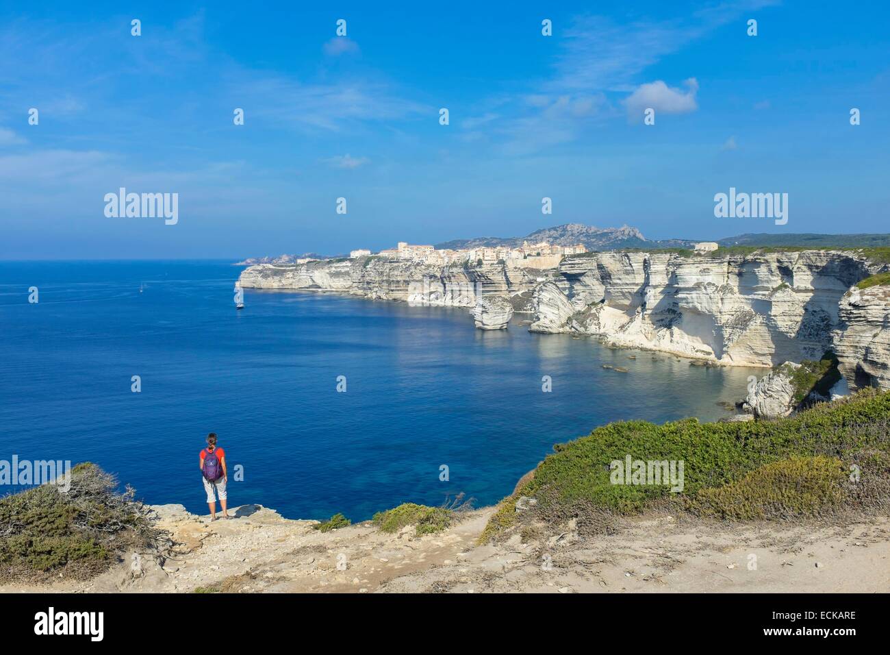 Frankreich, Corse-du-Sud, Bonifacio, die Altstadt oder die Oberstadt auf thront Kalksteinfelsen mehr als 60 Meter hoch, Blick vom Campu Rumanilu Pfad Stockfoto
