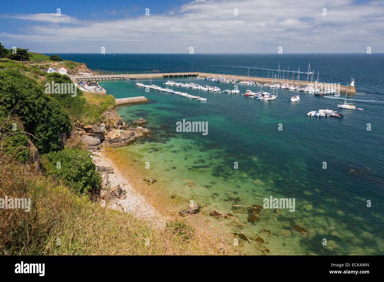 Frankreich, Morbihan, der Golf von Morbihan, Ponant-Inseln, die Insel Houat, den Hafen von hoch oben in das Dorf angesehen Stockfoto