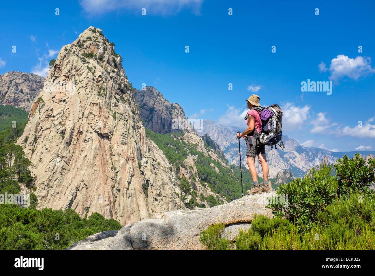 Frankreich, Corse du Sud, Wandern auf dem GR 20, zwischen Conca und ich Paliri Hütte, Punta de l ' Anima Damnata von Bocca di Monte Bracciutu (Alt: 953m) Stockfoto