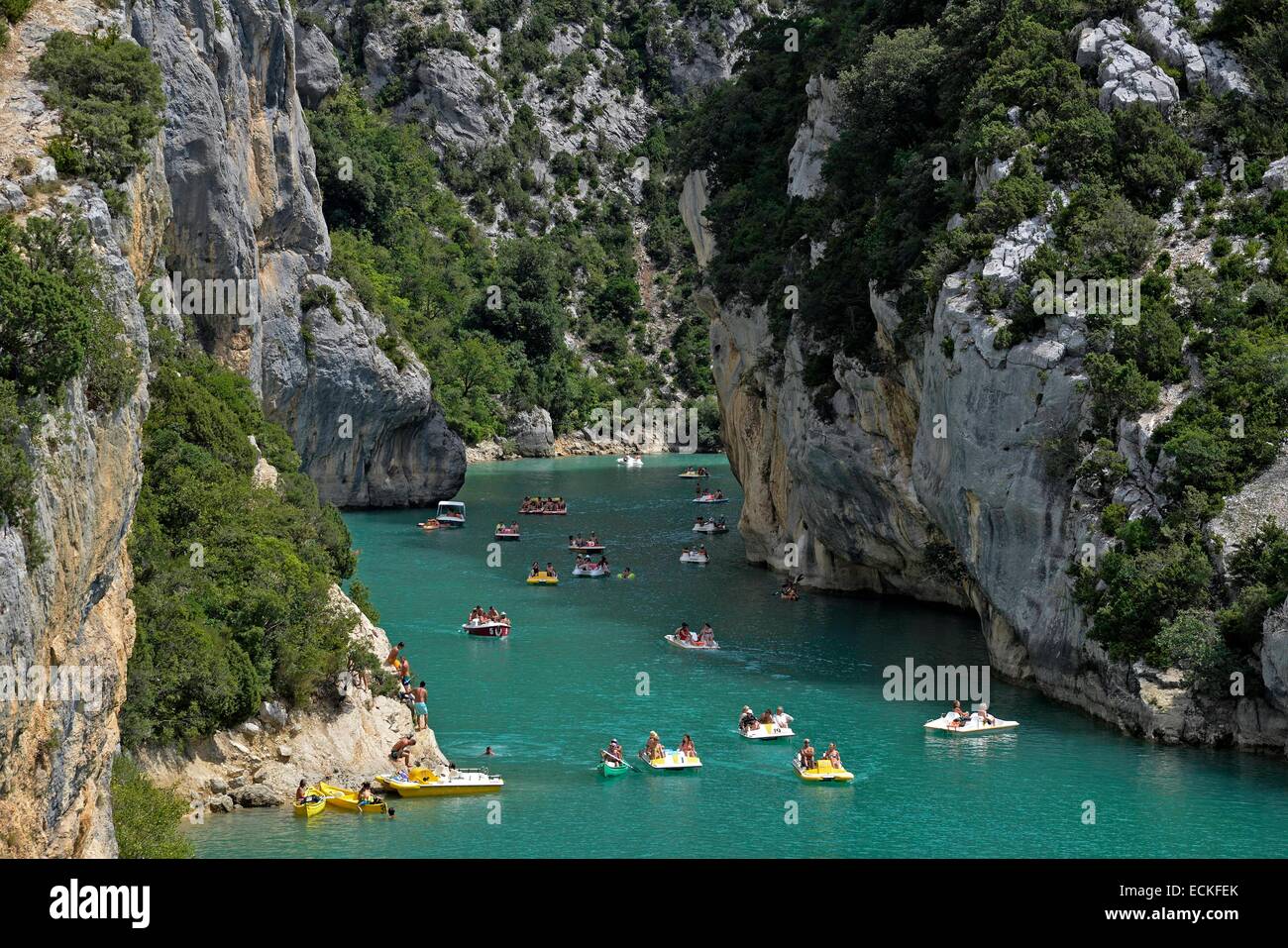 Frankreich, Var, Aiguines, Verdon-Schlucht, Urlauber auf Tretboote in der Mitte eine Schlucht in den blauen türkisen Gewässern Stockfoto