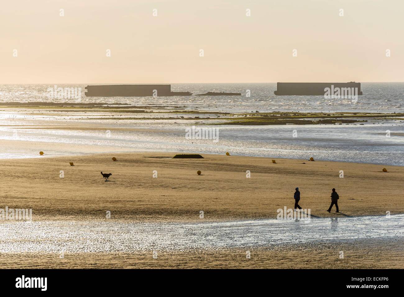 Frankreich, Calvados, Arromanches Les Bains, historischen Ort der Landung in der Normandie, des künstlichen Hafens Mulberry B oder Winston Hafen am Strand bleibt Stockfoto