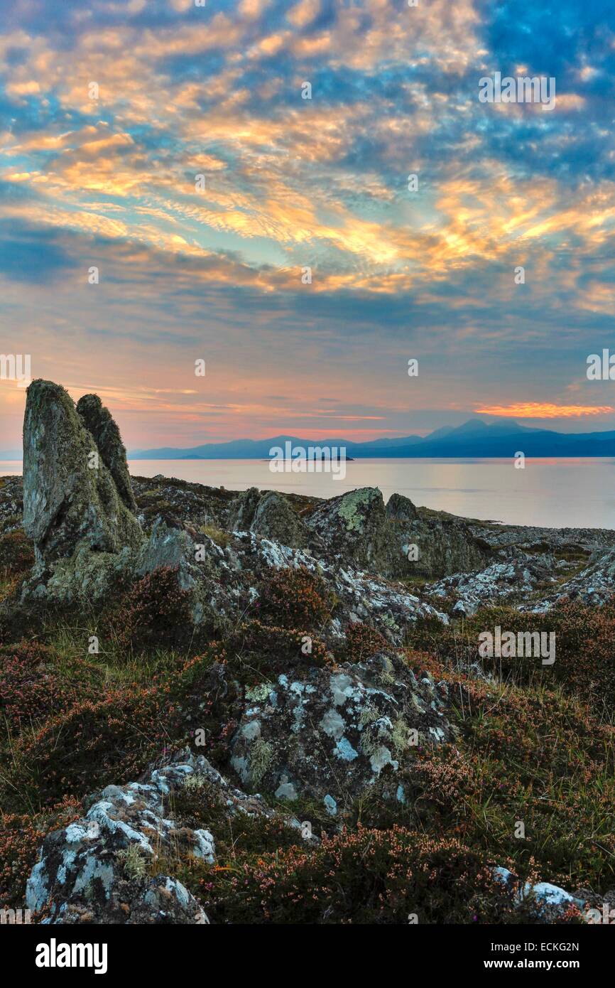 Großbritannien, Schottland, Argyll und Bute, Keillmore, Loch Sween, vertikale Ansicht von Küsten Heide und Steinen bei Sonnenuntergang Stockfoto