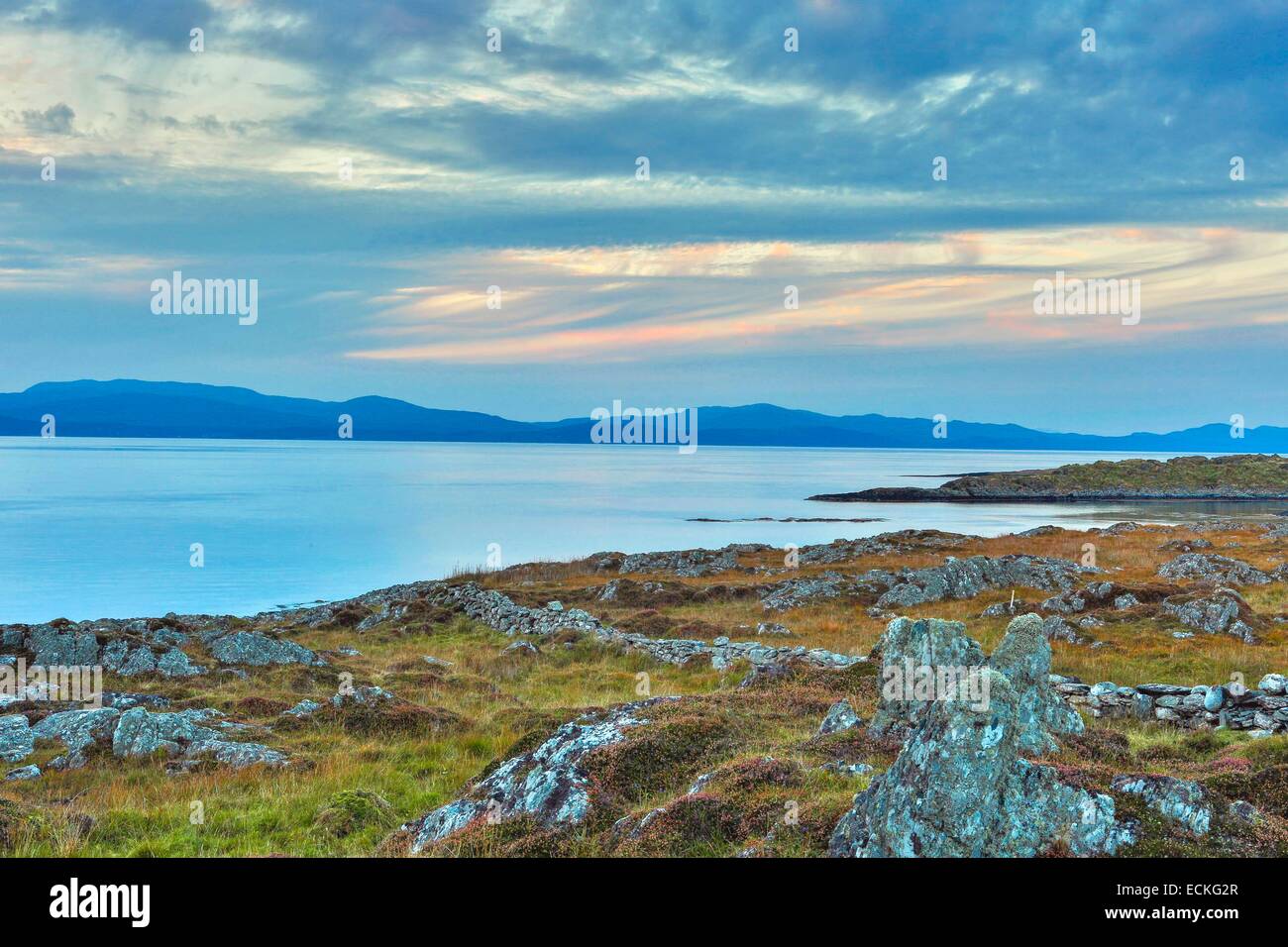 Großbritannien, Schottland, Argyll und Bute, Keillmore, Loch Sween, horizontale Ansicht von Küsten Heide und Steinen bei Sonnenuntergang Stockfoto