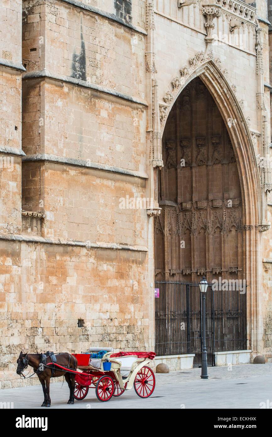 Spanien, Balearen, Mallorca, Palma De Mallorca, Kathedrale (La Seu) zwischen 1229 und 1601 und der katalanischen Gotik Cariole tourist Stockfoto