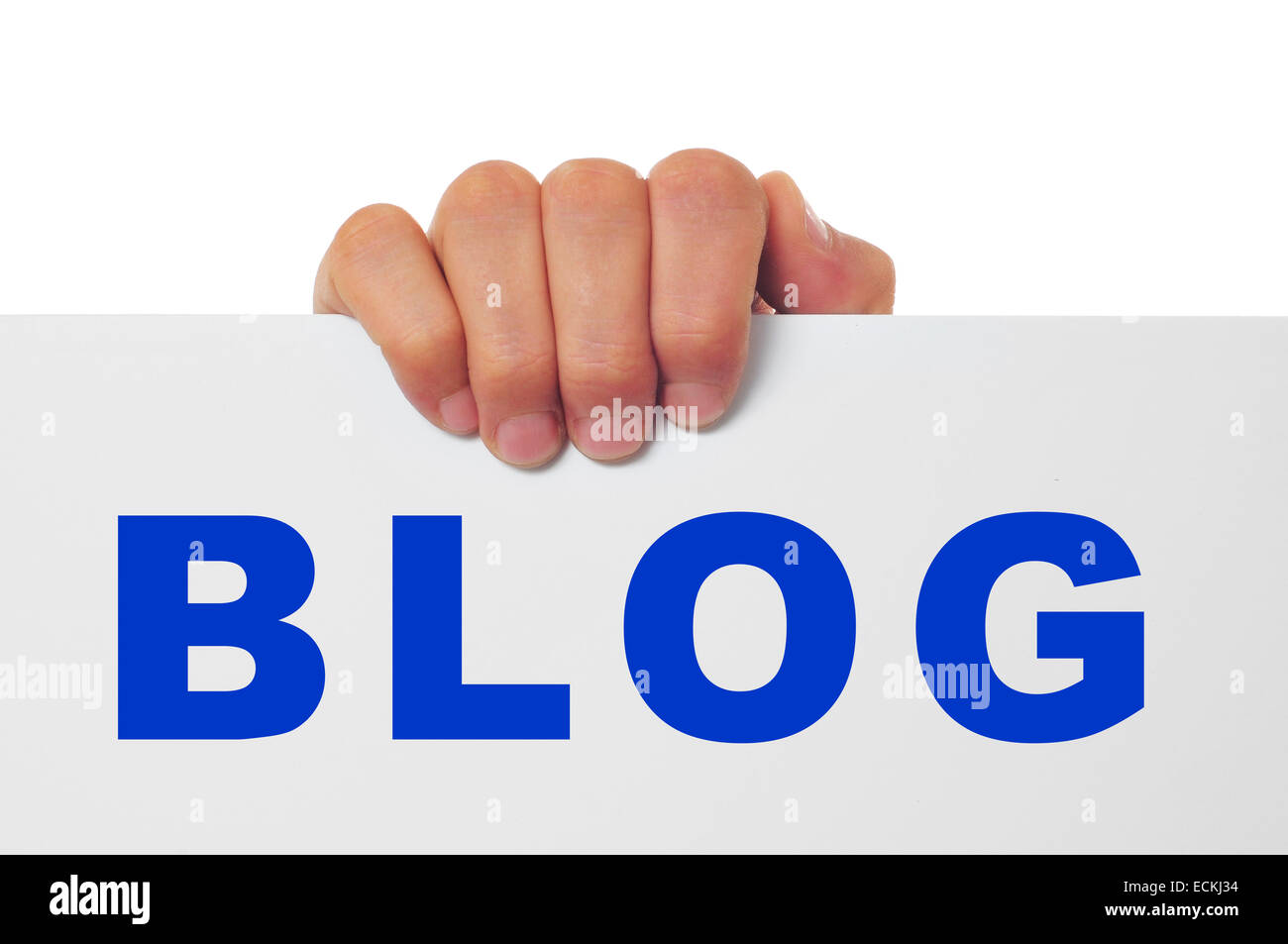 eine Mann Hand ein Schild mit dem Wort Blog geschrieben, auf einem weißen Hintergrund Stockfoto