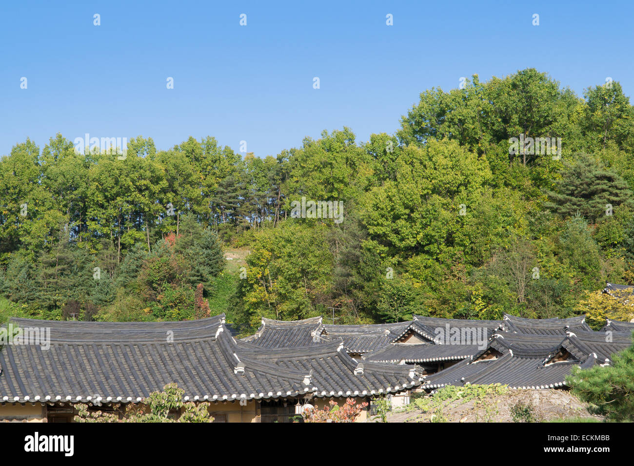 Ziegeldach der koreanischen traditionellen Architektur in einem Dorf Stockfoto
