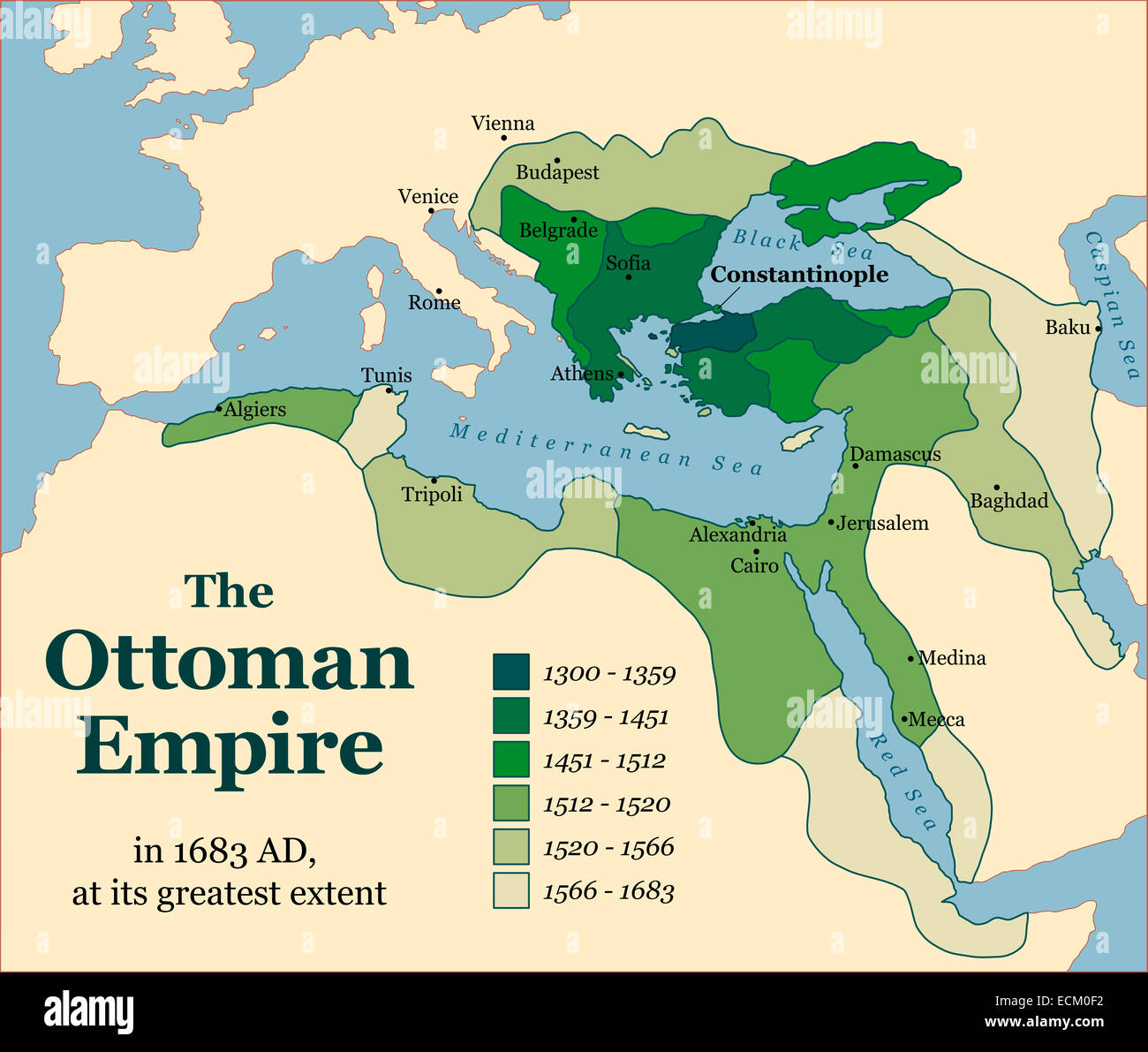 Das Osmanische Reich auf seine größte Ausdehnung im Jahre 1683. Stockfoto