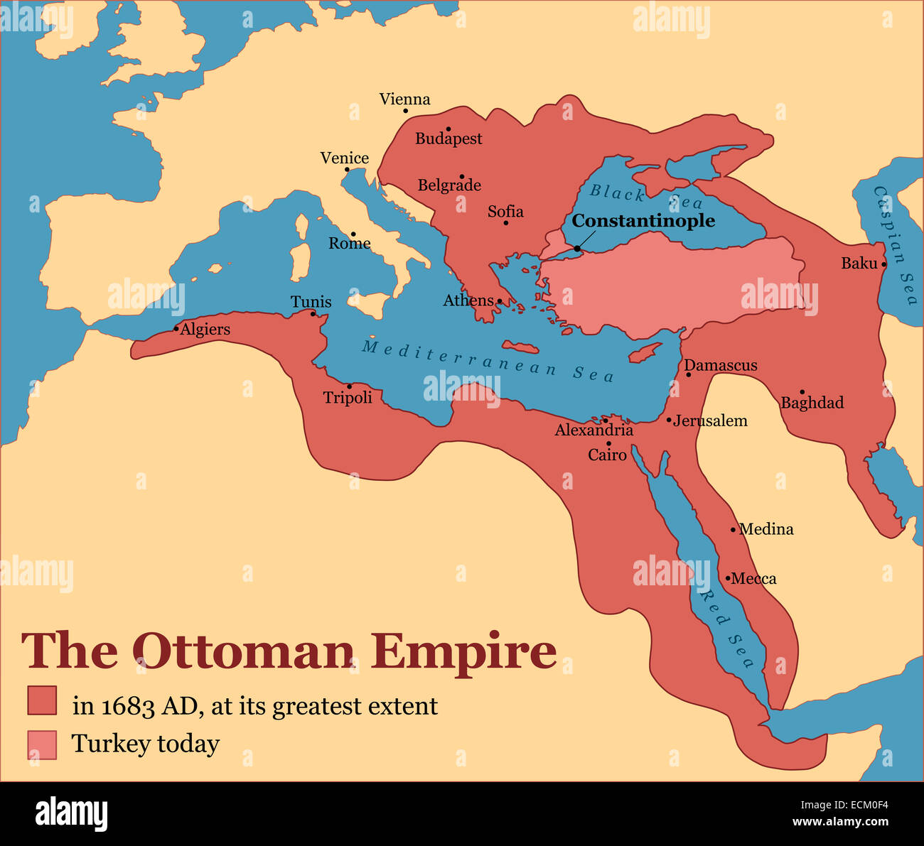 Das Ottoman-Reich seine größte Ausdehnung 1683 und der Türkei heute. Stockfoto