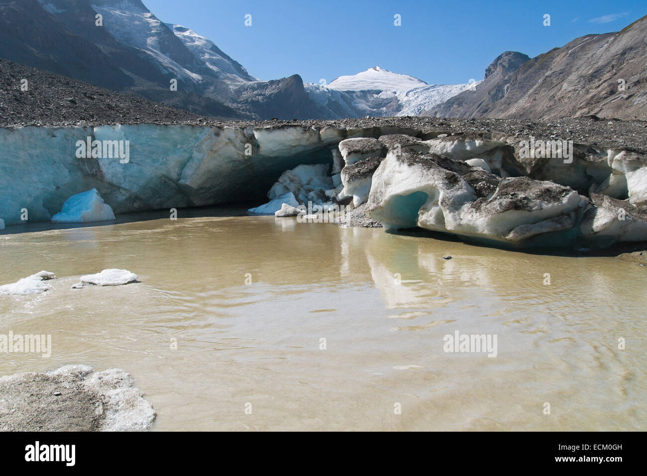 Abschmelzen der Gletscher Pasterze, Hohe Tauern, Österreich. Stockfoto