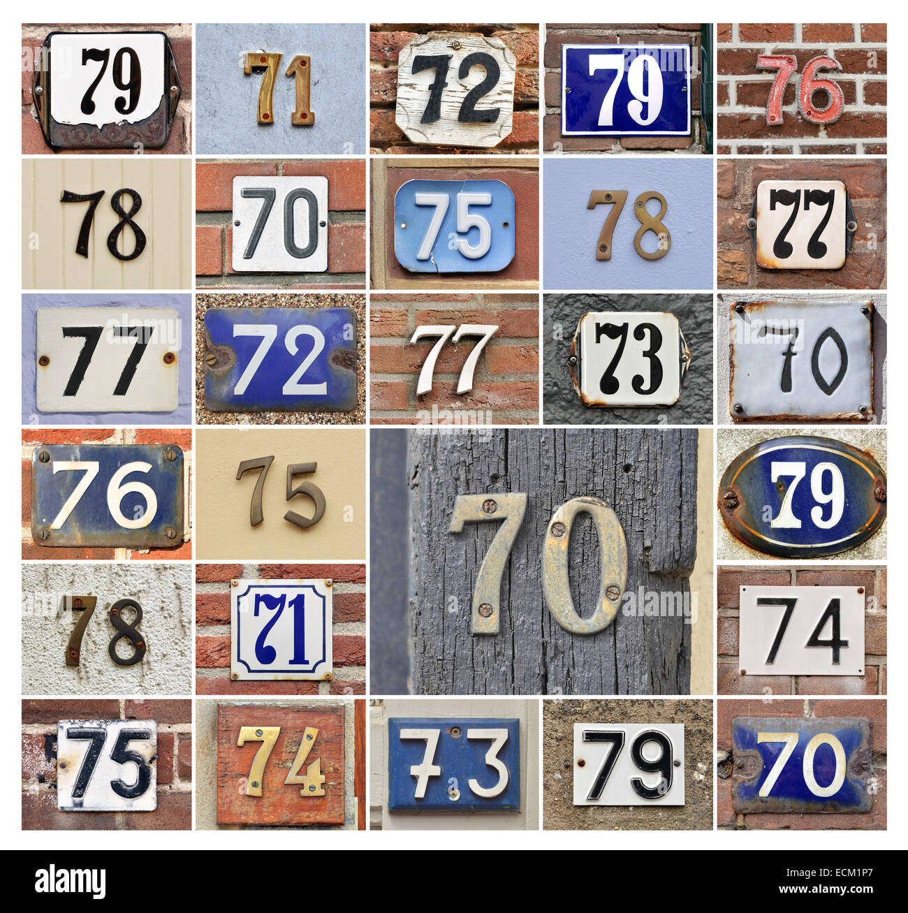 Collage von Hausnummern 70er Jahre Stockfoto