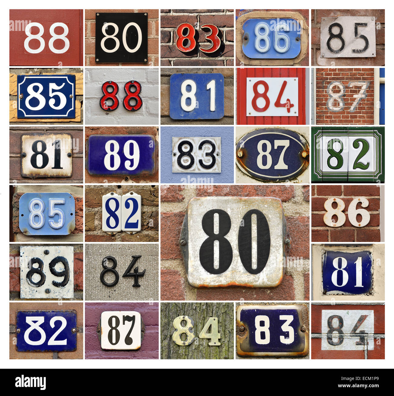 Collage von Hausnummern der 80er Jahre Stockfoto
