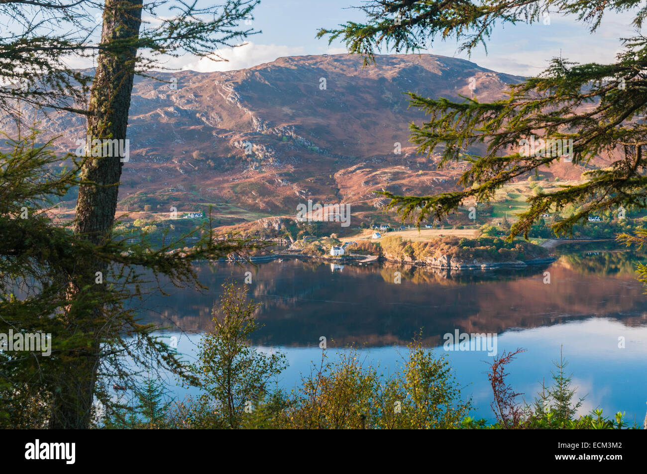 Blick über Loch Carron auf Strome Schloss und Burg Bucht von Am Meallan in den Highlands von Schottland Stockfoto