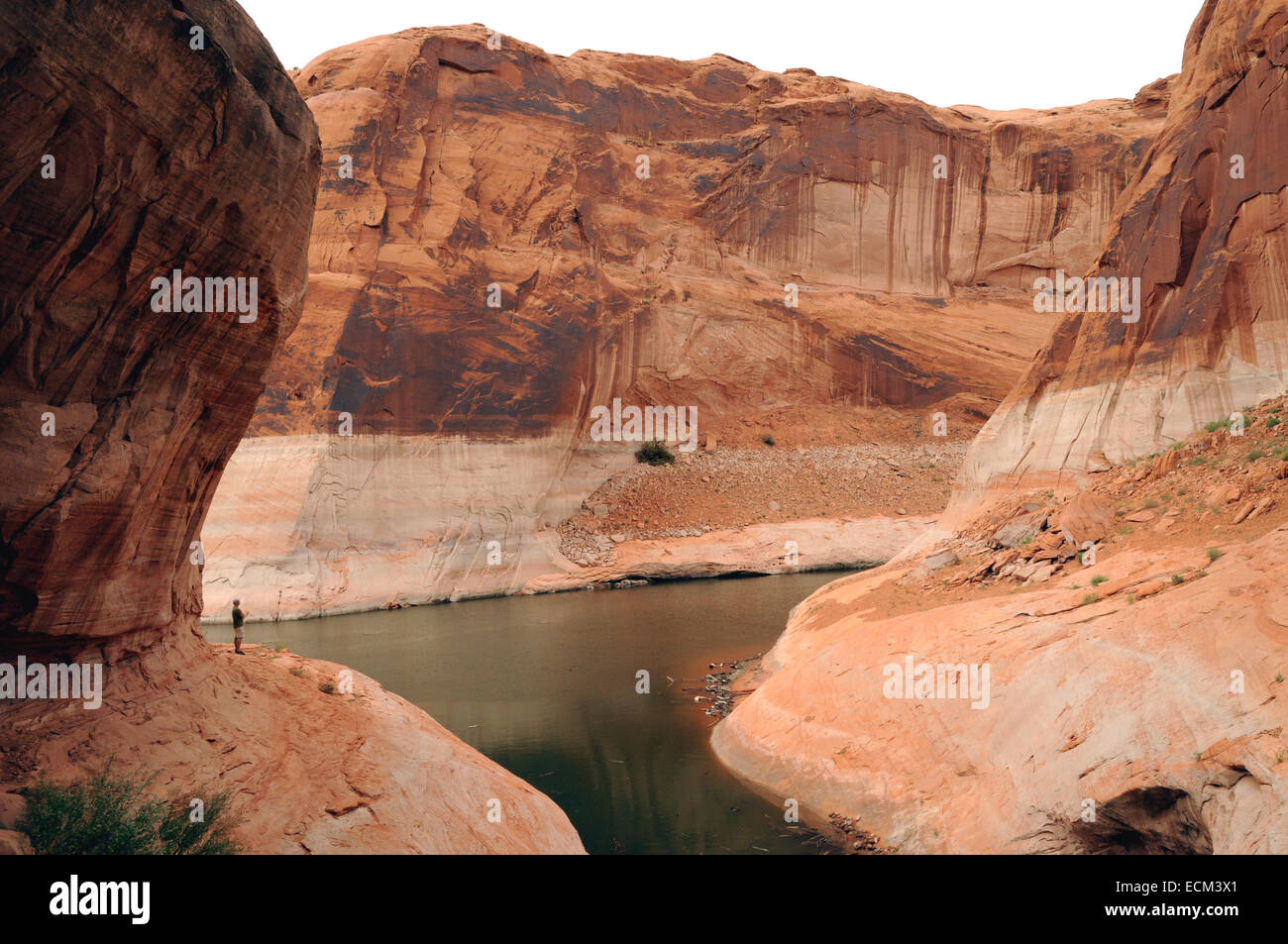 Eine Ziffer steht unter riesigen Sandstein Mauern umschließen den Lake Powell in Utah und Arizona Wüste durch eine niedrige Herbstsonne verbessert. Stockfoto