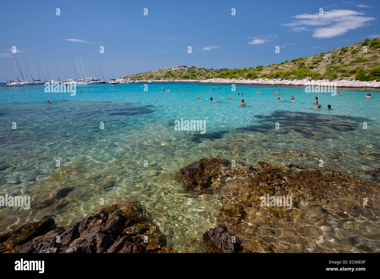 Menschen schwimmen auf Levrnaka Strand, Nationalpark Kornaten, Kroatien Stockfoto
