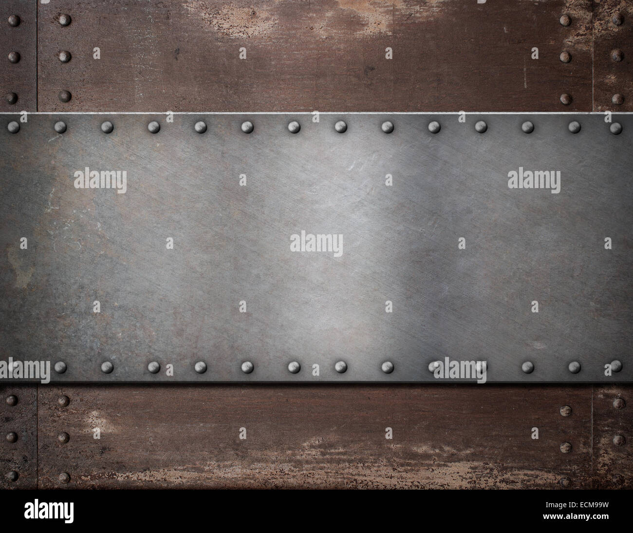 Metallplatte mit Nieten über rustikale Stahl Hintergrund Stockfoto