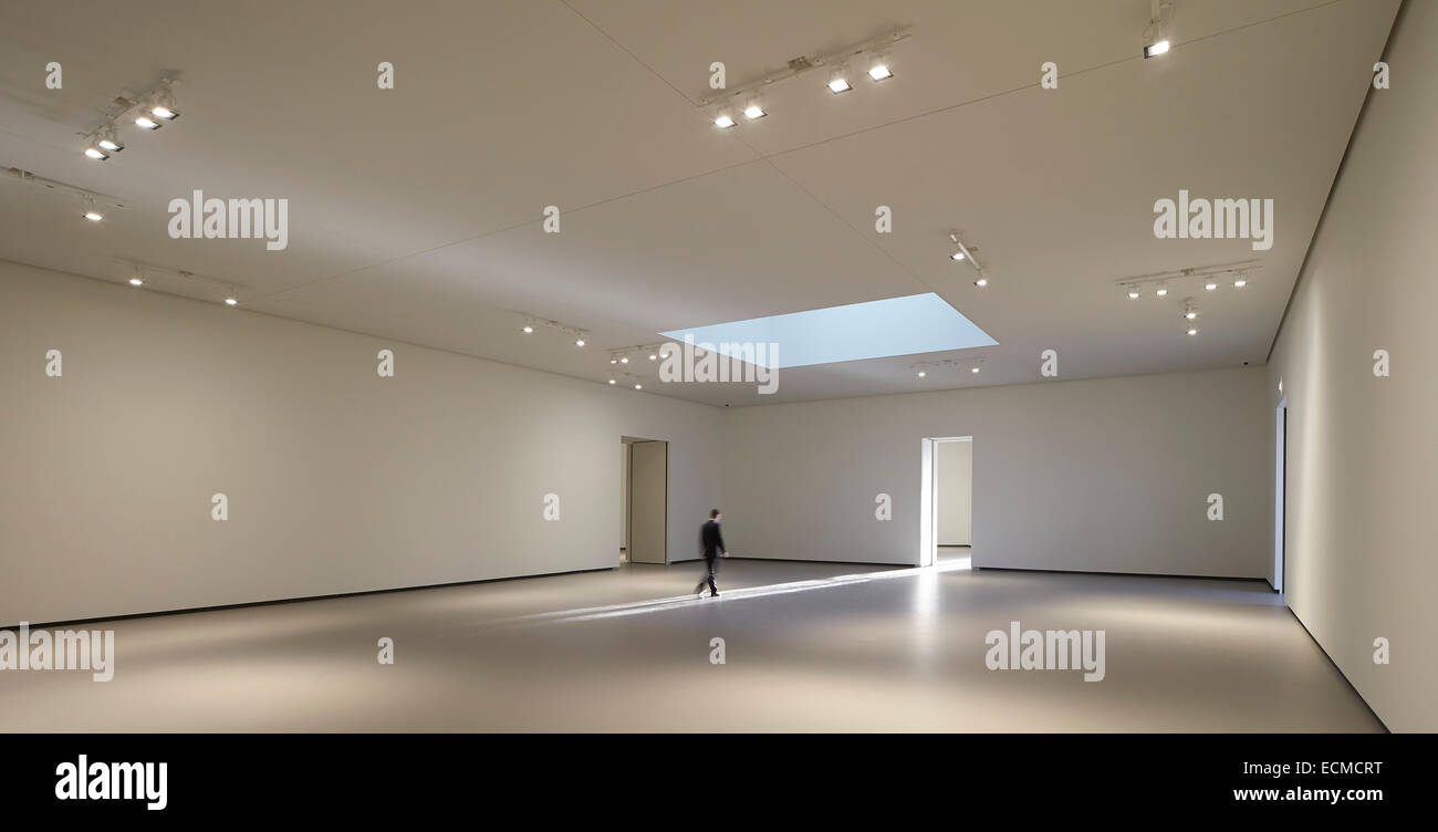 Fondation Louis Vuitton, Paris, Frankreich. Architekt: Gehry Partners LLP, 2014. Unmöblierte Leerraum mit rechteckigem Oberlicht. Stockfoto