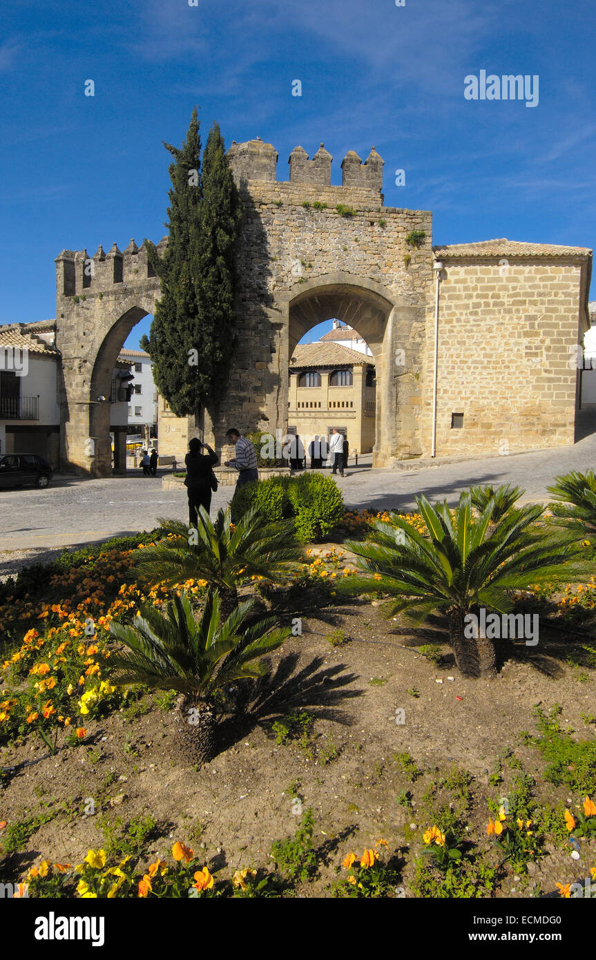 Jaen Stadttor und Antigua Carnicería, alte Metzgerei in Populo quadratisch, Baeza, Jaen Provinz, Andalusien, Spanien, Europa Stockfoto