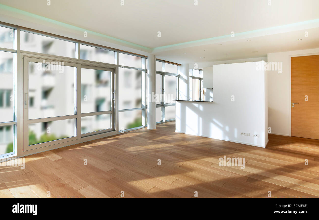 Leeren Raum, Wohnzimmer, weiße Wände, Parkett Stockfoto