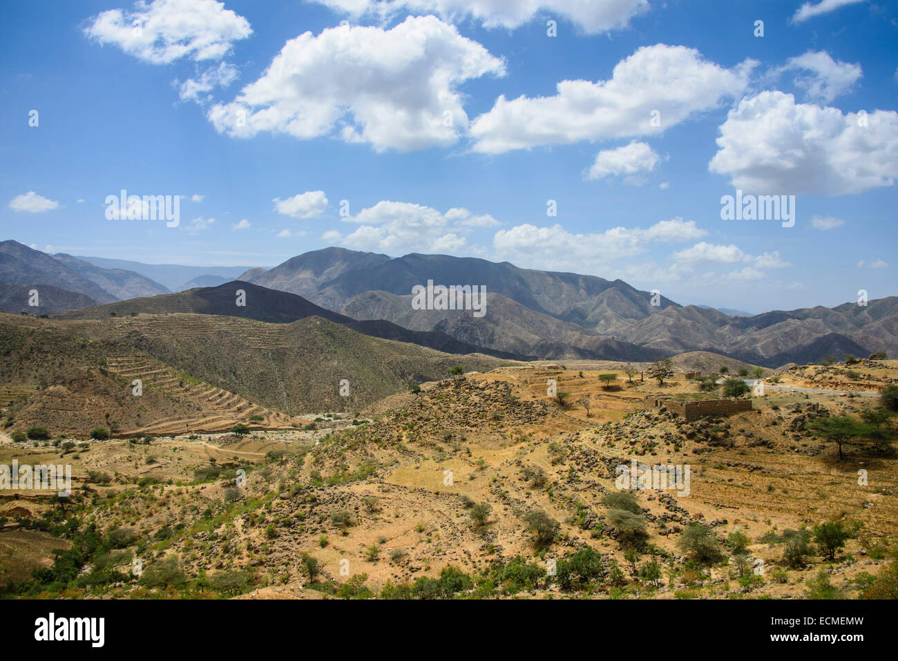 Ausblick über die Berge entlang der Straße von Massawa, Asmarra, Eritrea Stockfoto