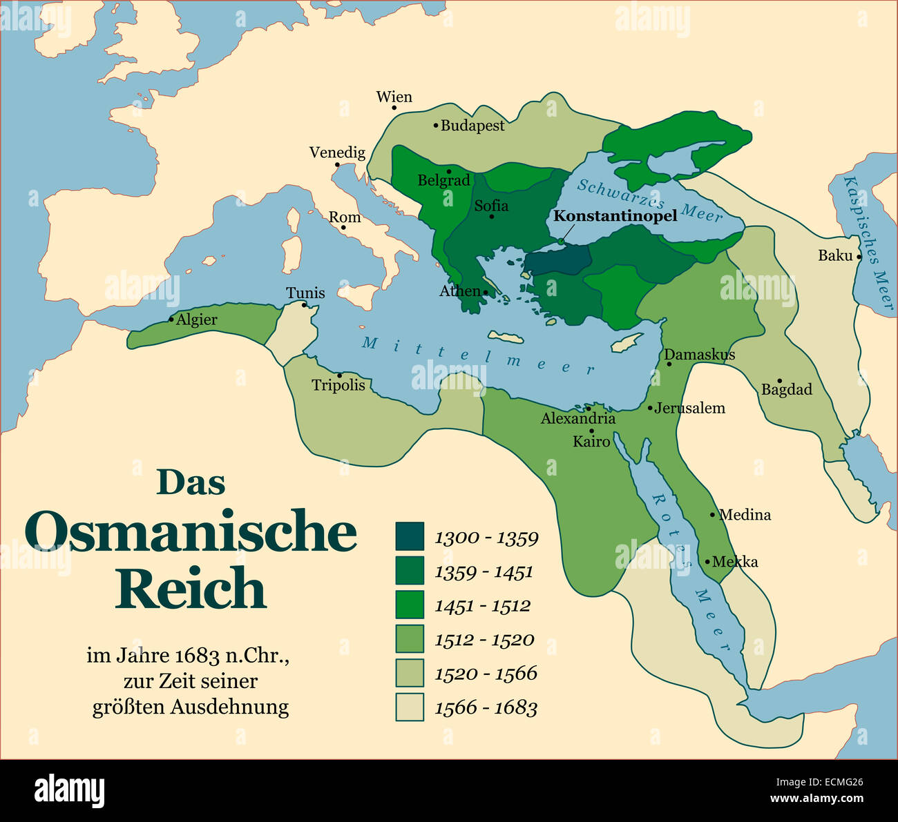 Das Osmanische Reich auf seine größte Ausdehnung im Jahre 1683. Deutsche Beschriftung! Stockfoto