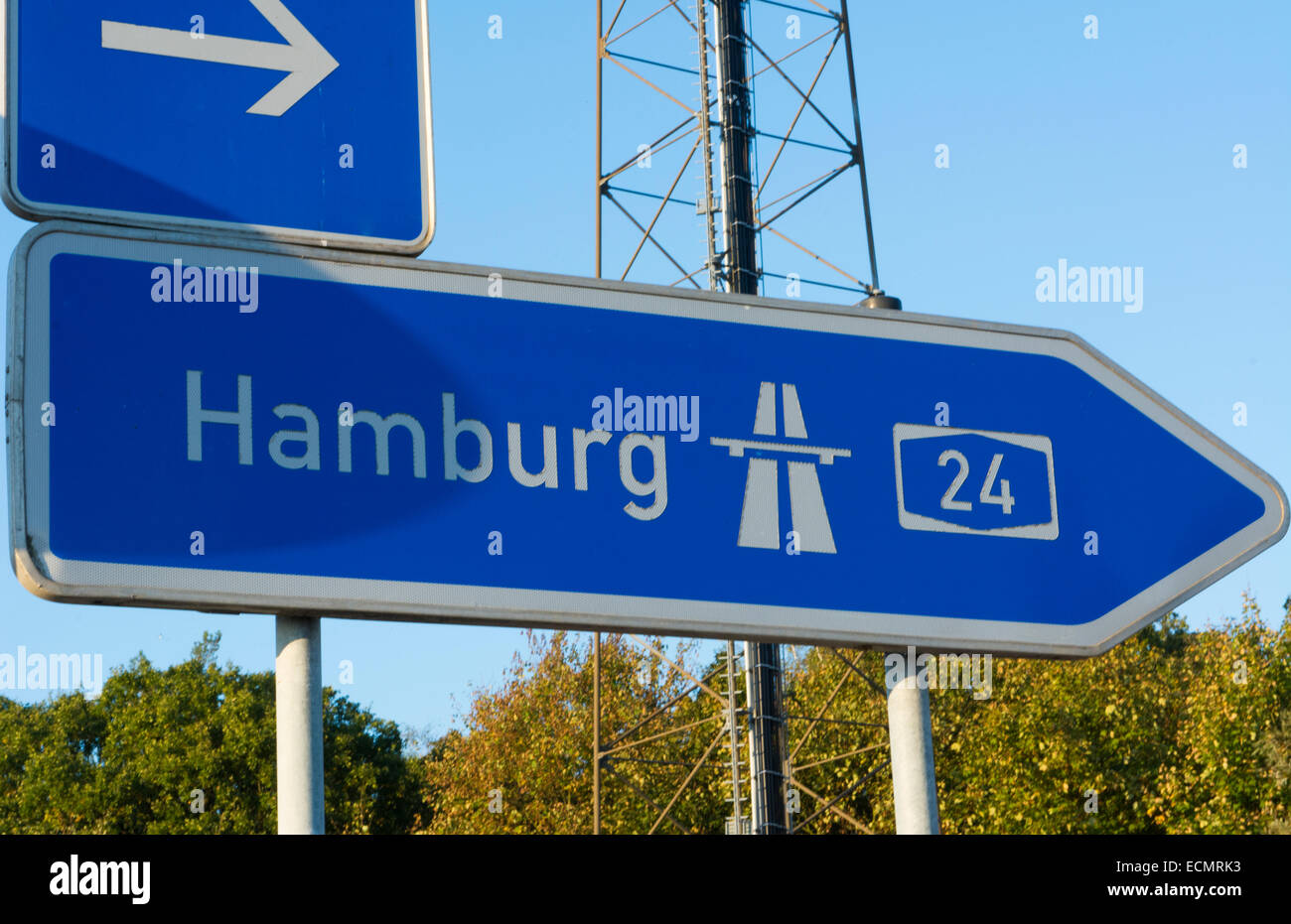 Deutschland Autobahn Federal Highway Straßenschild für E 24 Hamburg Stockfoto