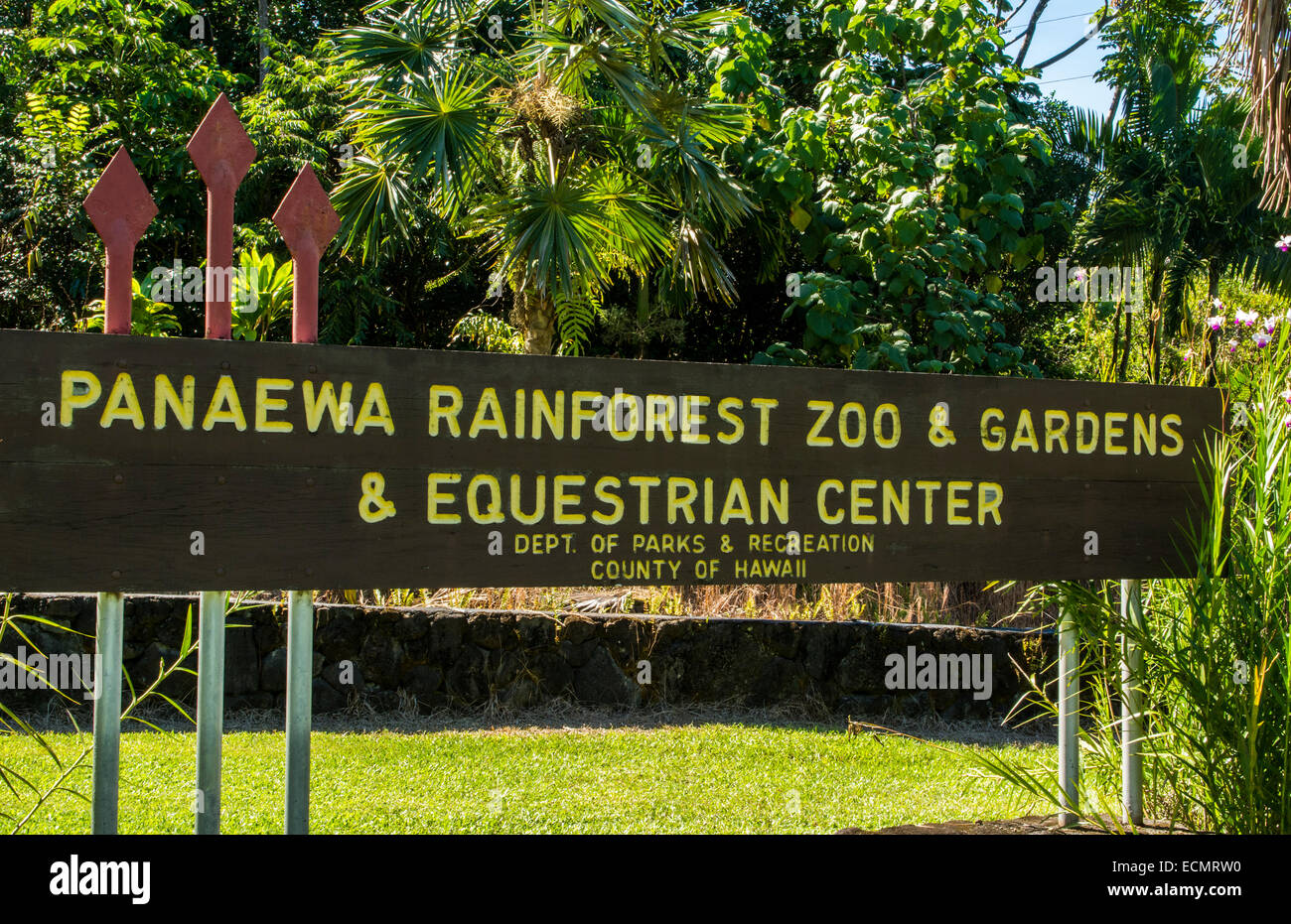 Hilo Hawaii Big Island Panaewa Regenwald Zoo und Gärten unterzeichnen friedlichen Grün Stockfoto