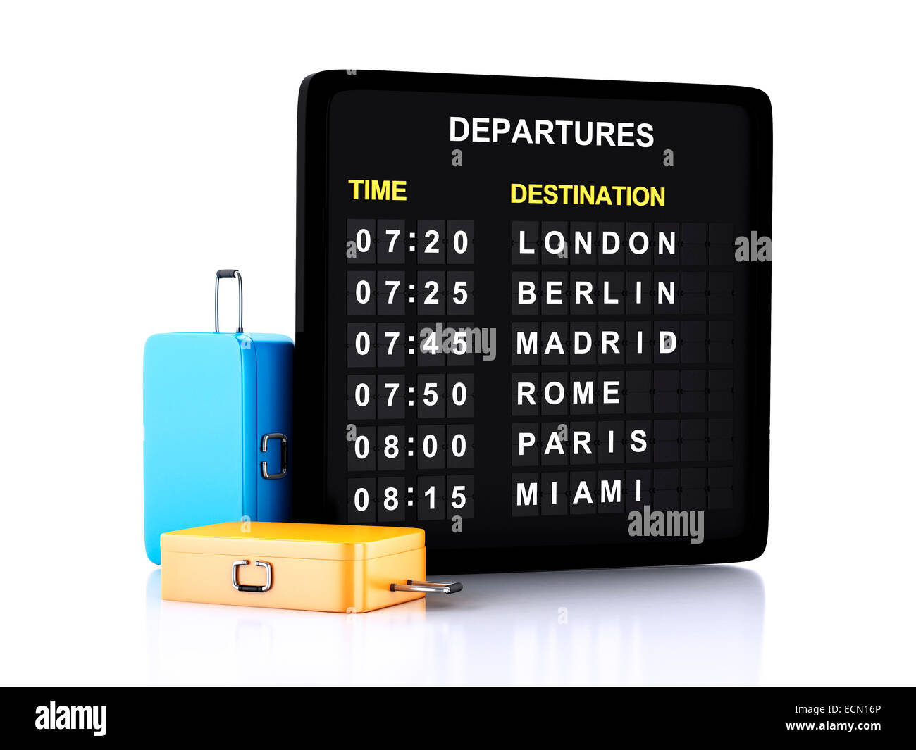 Bild der 3D-Illustration zu rendern. Flughafen an Bord und Reisekoffer auf weißem Hintergrund Stockfoto