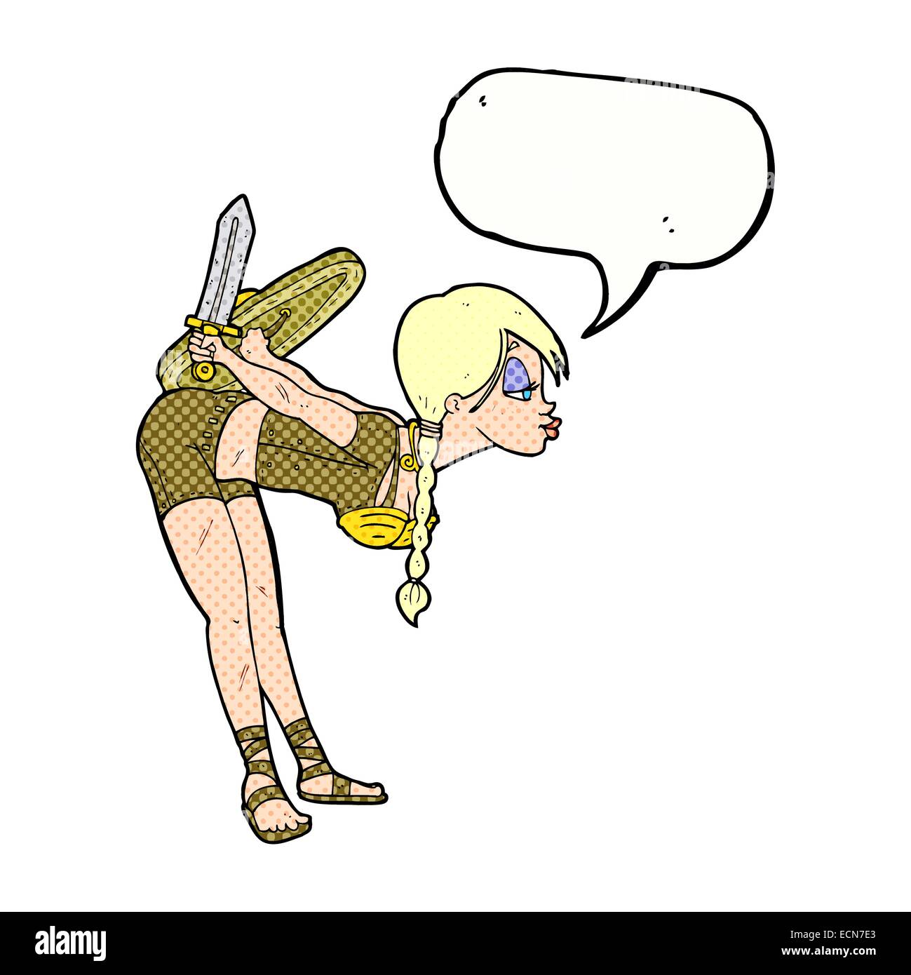 Cartoon-Viking Mädchen verbeugte sich mit Sprechblase Stock Vektor