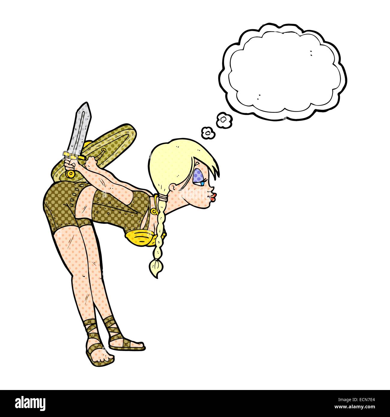 Cartoon-Viking Mädchen verbeugte sich mit Gedankenblase Stock Vektor