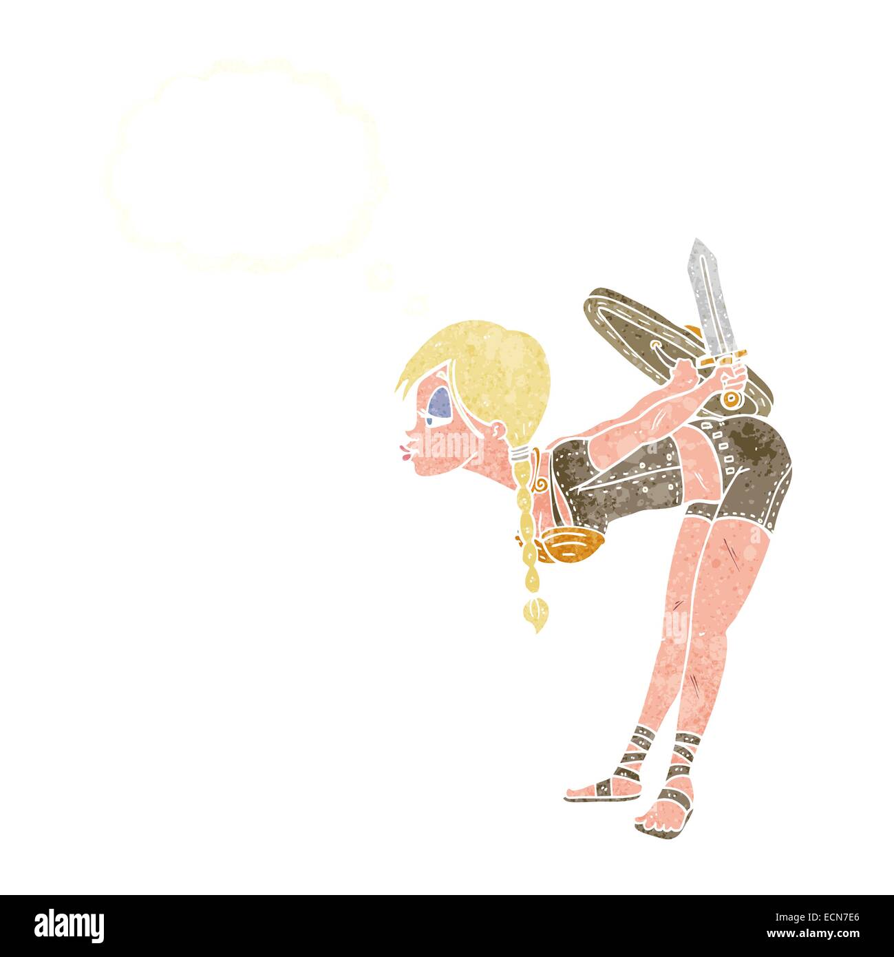 Cartoon-Viking Mädchen verbeugte sich mit Gedankenblase Stock Vektor