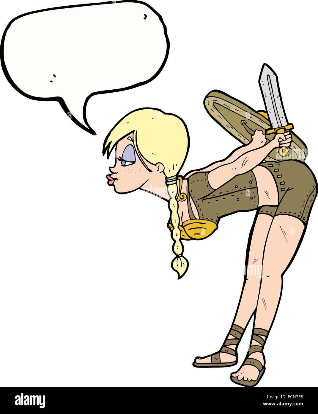 Cartoon-Viking Mädchen verbeugte sich mit Sprechblase Stock Vektor