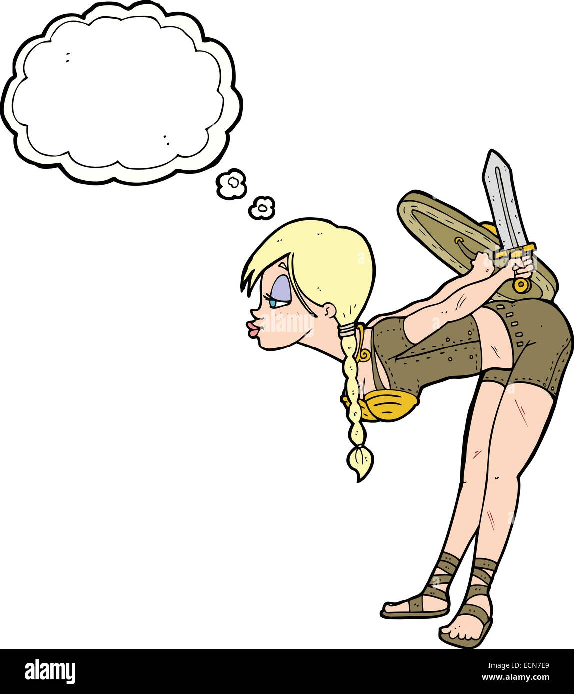 Cartoon-Viking Mädchen verbeugte sich mit Gedankenblase Stock Vektor