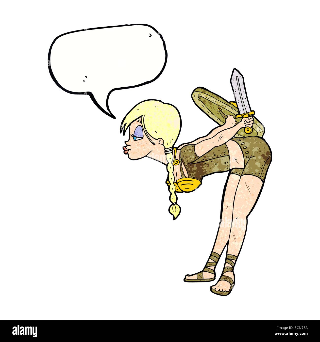 Cartoon-Viking Mädchen verbeugte sich mit Sprechblase Stock Vektor