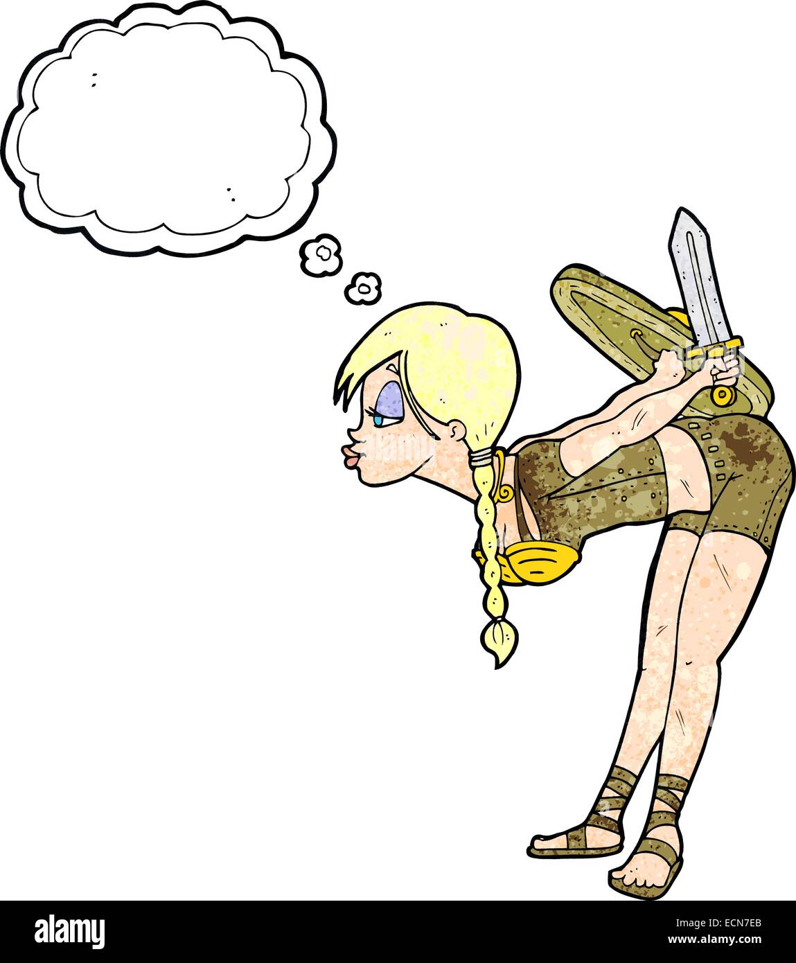 Cartoon-Viking Mädchen verbeugte sich mit Gedankenblase Stock Vektor