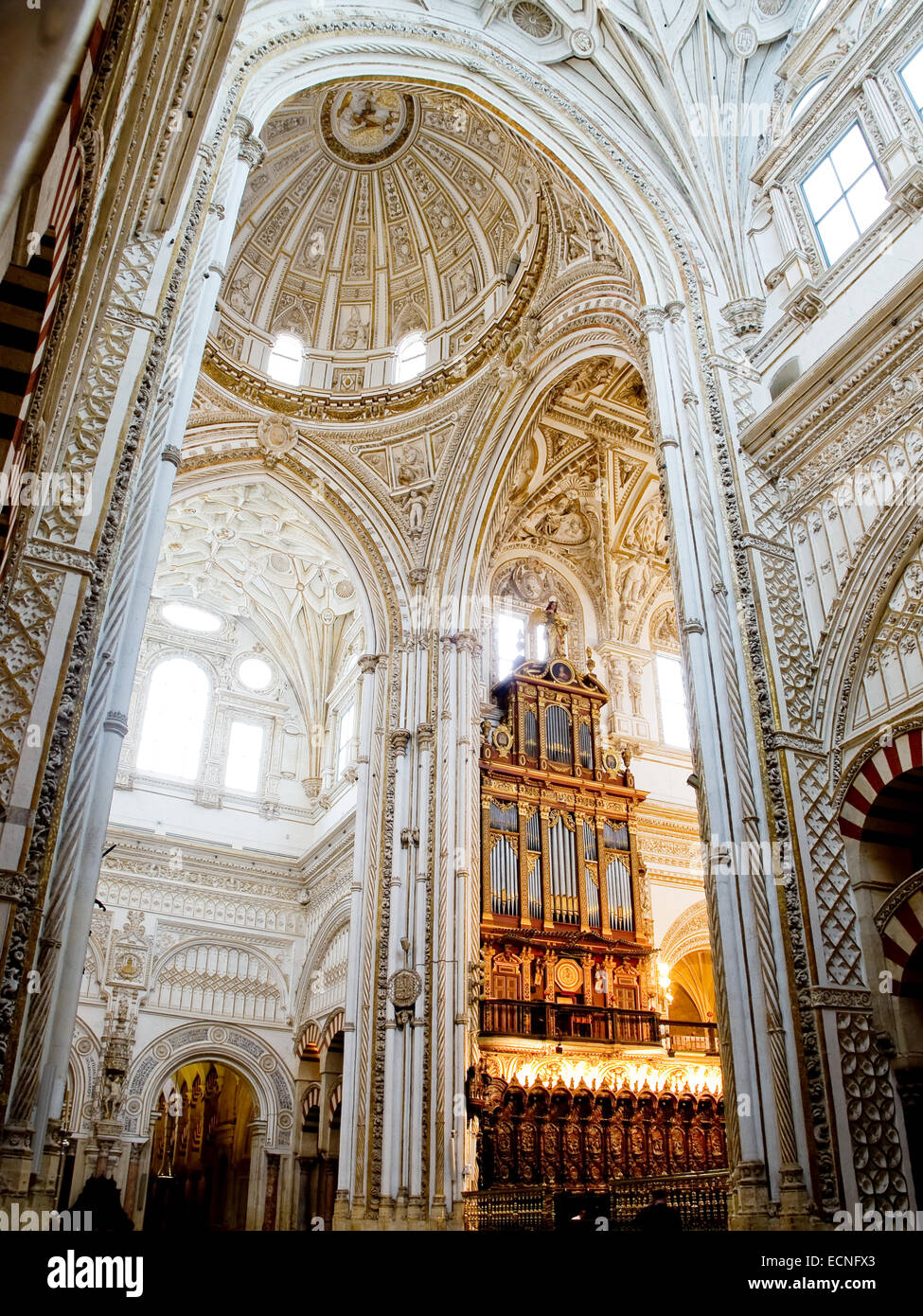 Gang, Kirchenschiff und Orgel in der Moschee-Kathedrale Mezquita de Córdoba. Andalusien, Spanien. Stockfoto