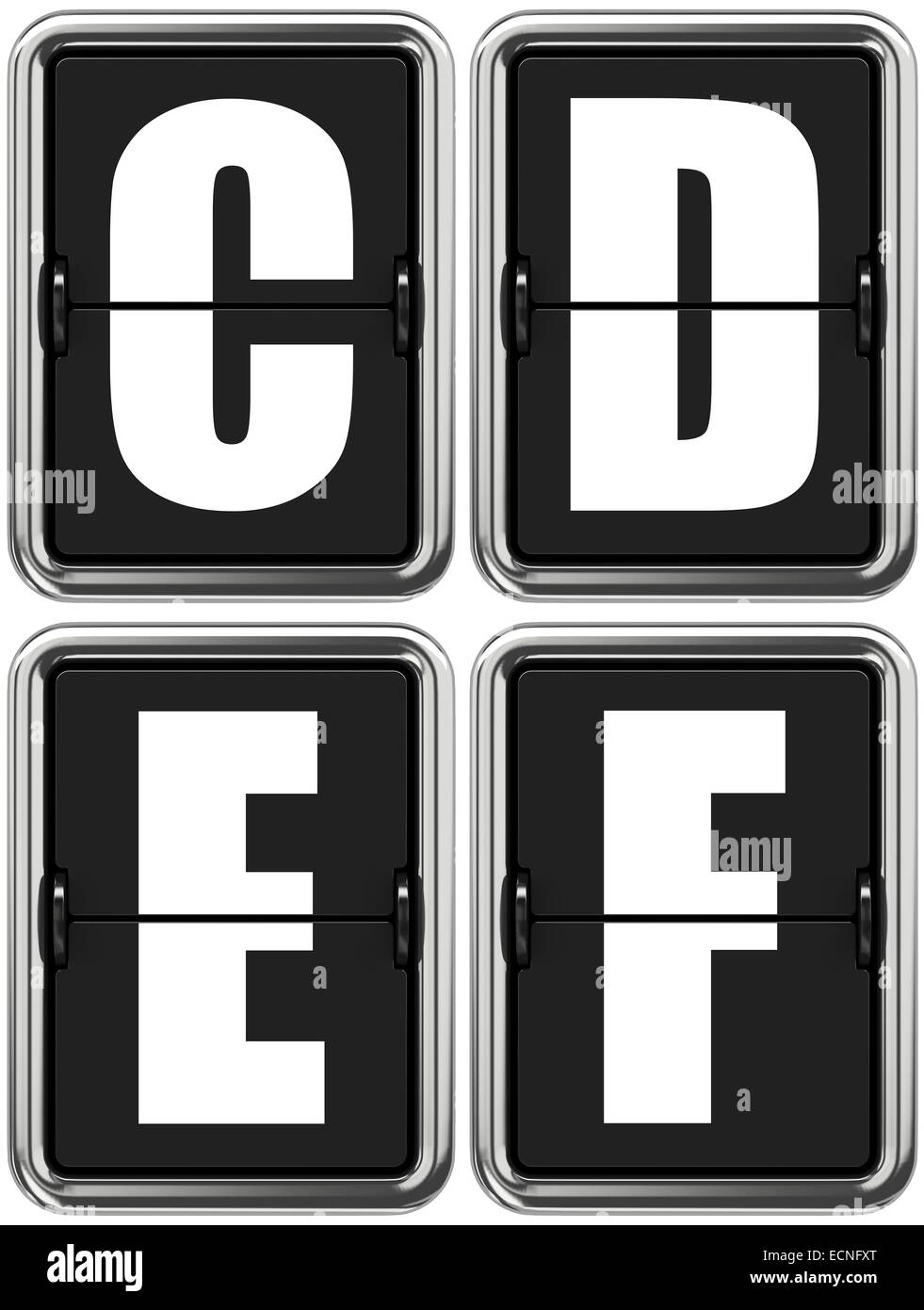 Buchstaben C, D, E, F auf mechanische Anzeigetafel. Stockfoto