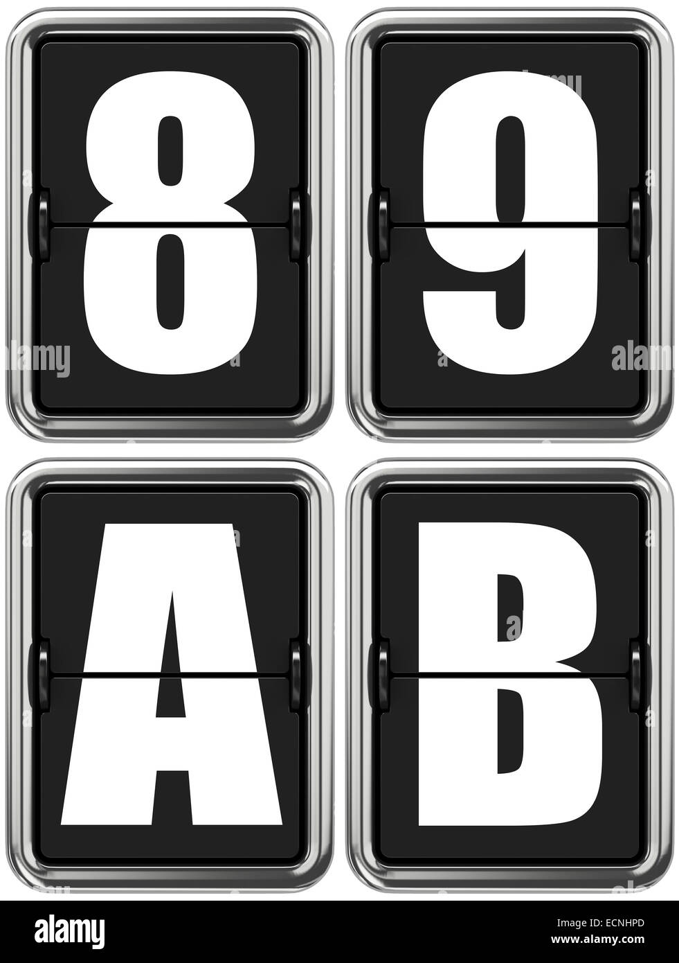 Buchstaben A, B und Ziffern 8, 9 auf mechanische Anzeigetafel. Stockfoto