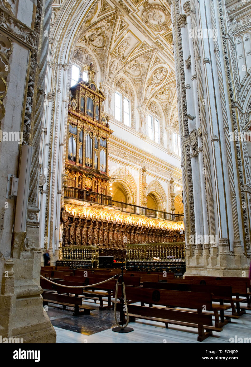 Gang, Kirchenschiff und Orgel in der Moschee-Kathedrale Mezquita de Córdoba. Andalusien, Spanien. Stockfoto