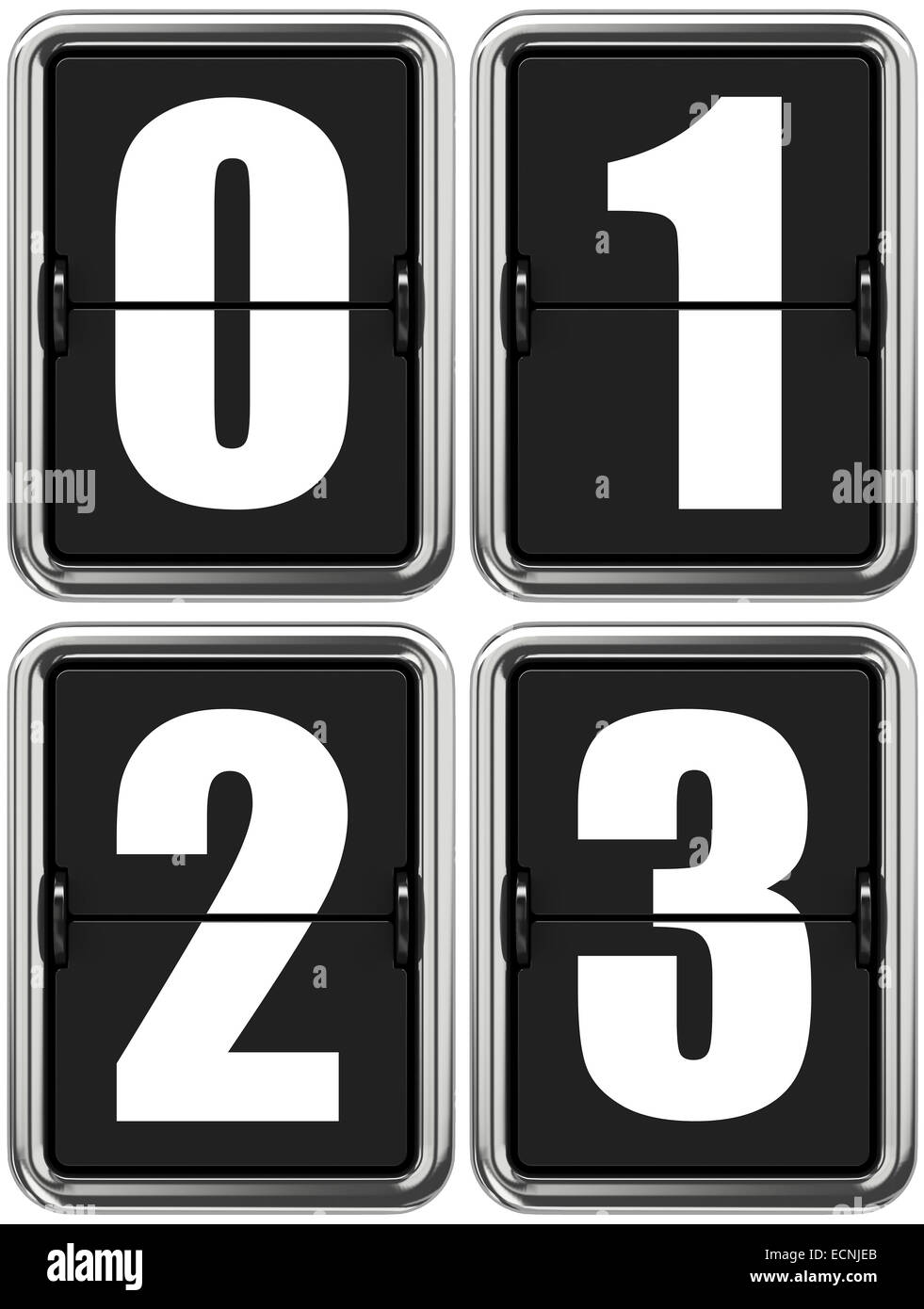 Ziffern 0, 1, 2, 3 auf mechanische Anzeigetafel. Stockfoto
