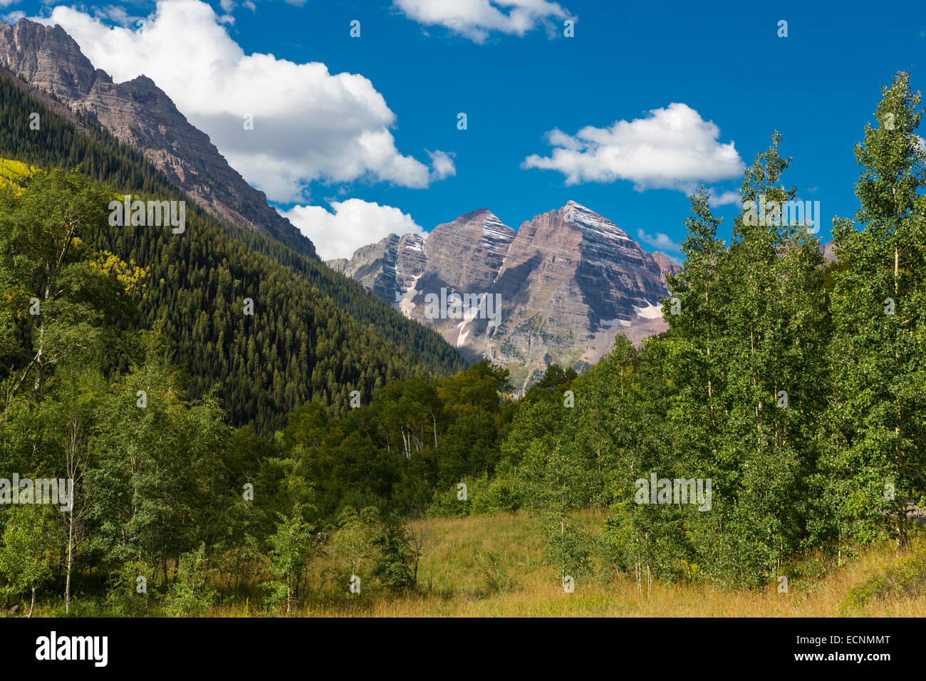 Maroon Bells Mountains in den Rocky Mountains in der Nähe von Aspen Colorado Stockfoto