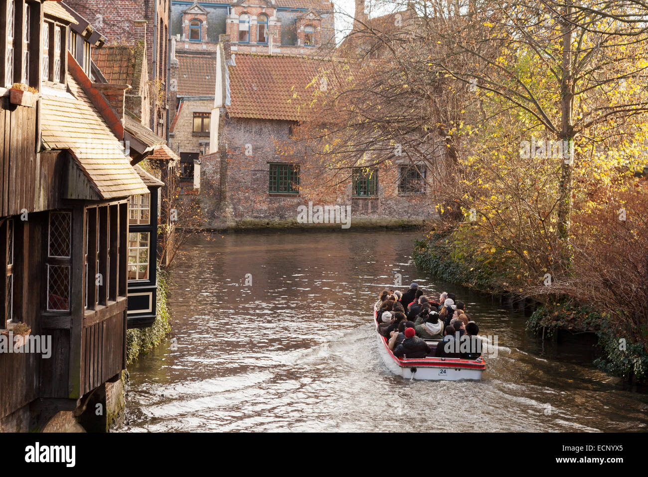 Ein Boot voller Touristen auf einer Tour durch die Grachten in Herbst, Kanal Brügge, Belgien, Europa Stockfoto