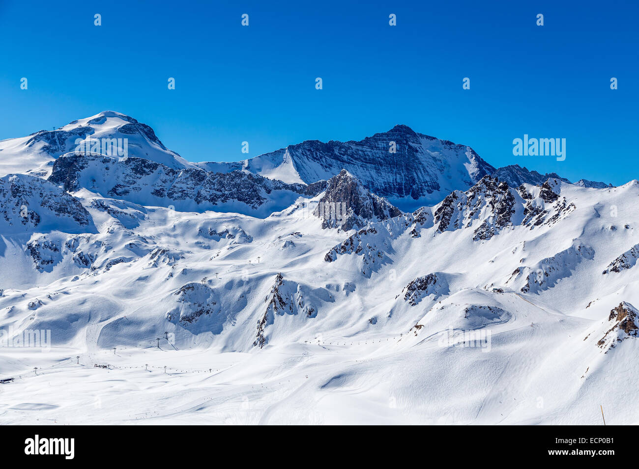 Winterlandschaft der Berge, Tignes, Frankreich. Stockfoto