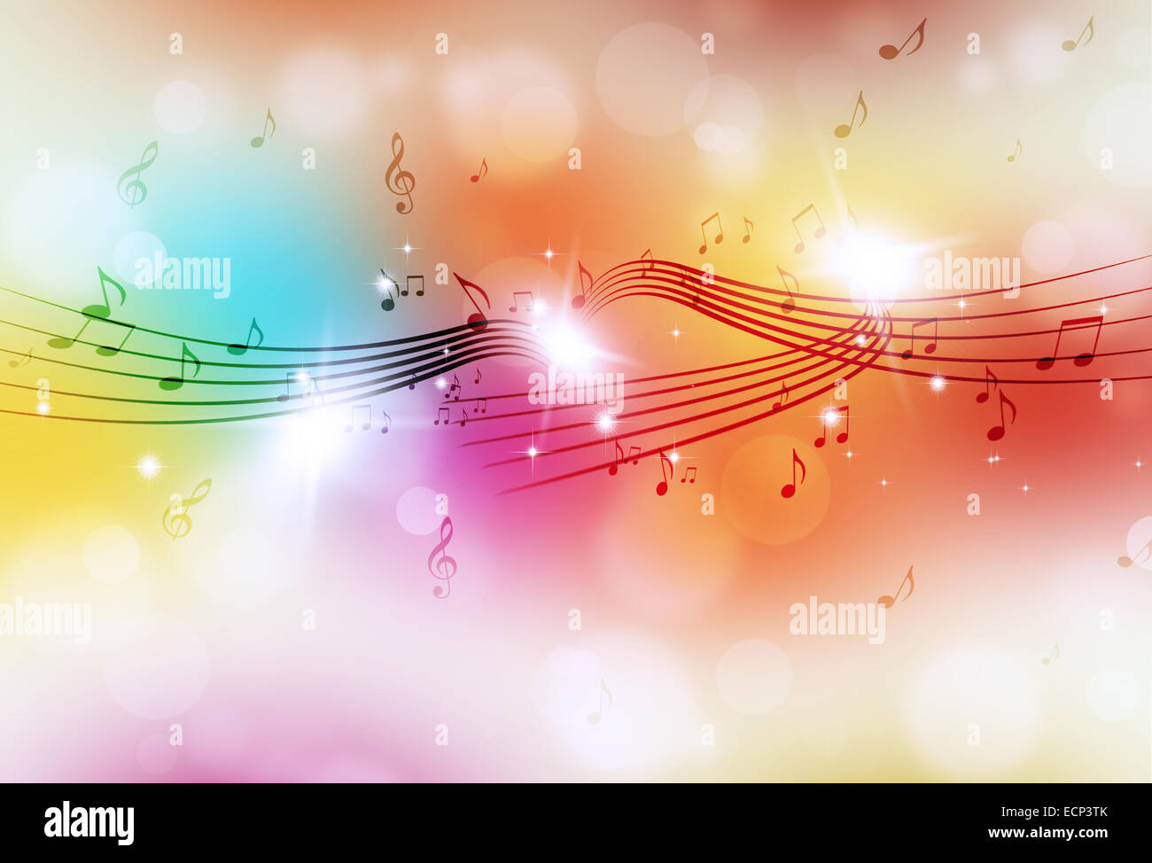 Musiknoten und verschwommenen Lichtern auf hellen mehrfarbigen Hintergrund Stockfoto