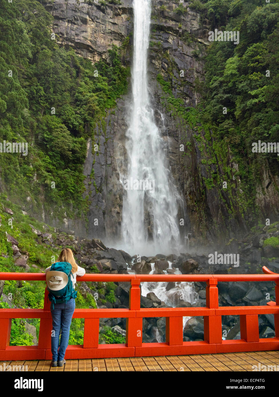 Besucher anzeigt Great Falls Nachi, Nachi-Taki Wasserfall am Kumano Kodo Pilgerweg, Kii Halbinsel, Wakayama, Japan Stockfoto
