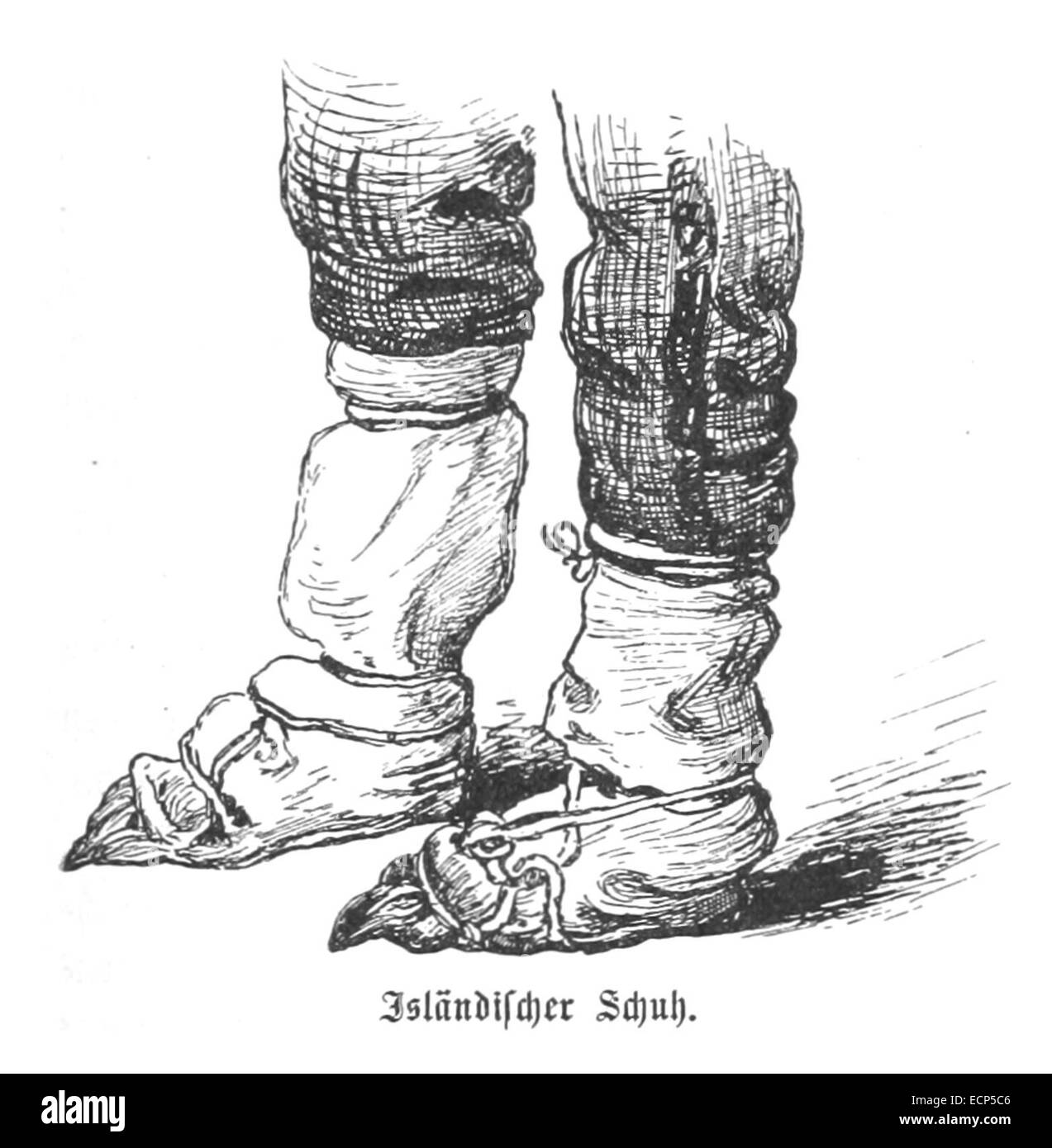 Illustration aus Baumg (1889), die einen isländischen Schuh zeigt, der traditionelle Schuhe aus Island während des späten 19. Jahrhunderts darstellt. Das Bild bietet einen Einblick in kulturelle Kleidung und Handwerkskunst in Island. Stockfoto