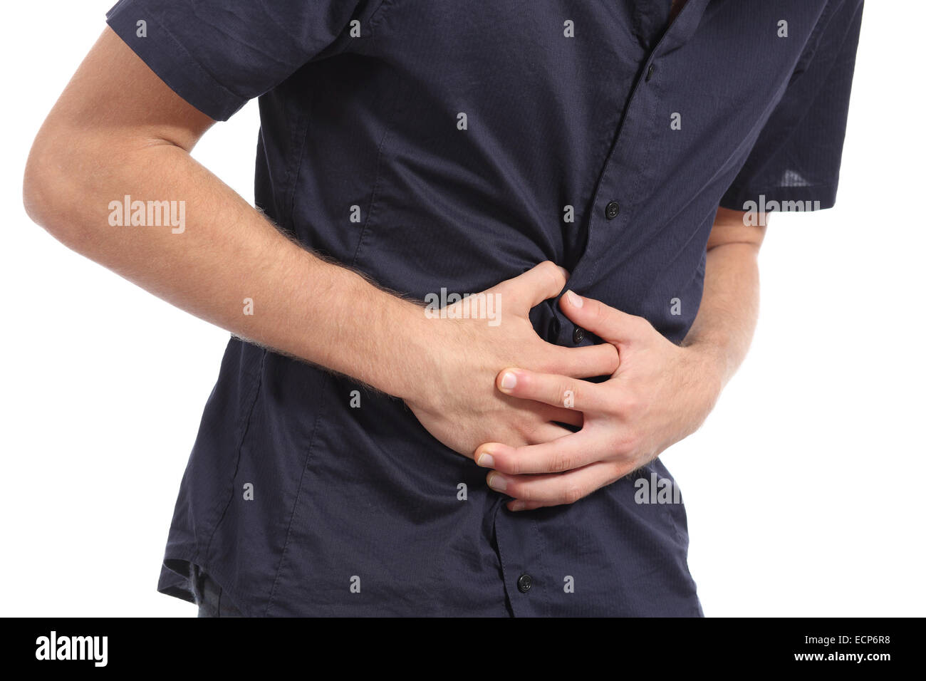 Legerer Mann mit Magenschmerzen isoliert auf weißem Hintergrund Stockfoto