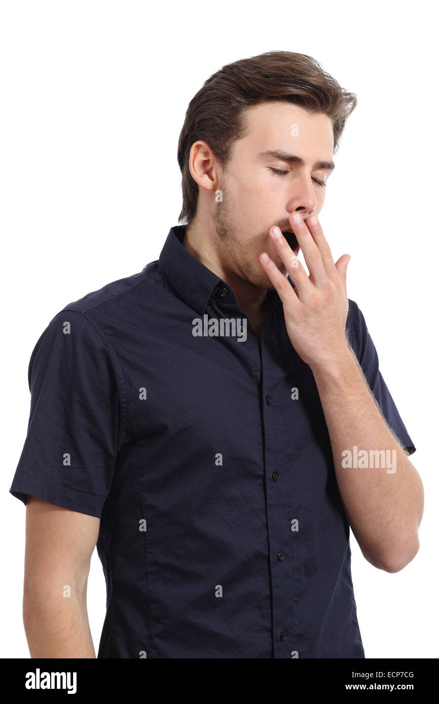 Müde Manndeckung seine weißen Mund Gähnen isoliert auf weißem Hintergrund Stockfoto