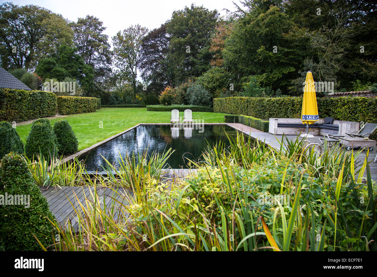 Biotop Pool Bed &amp; Breakfast "Basilikum", in Leut, Flandern Stockfoto