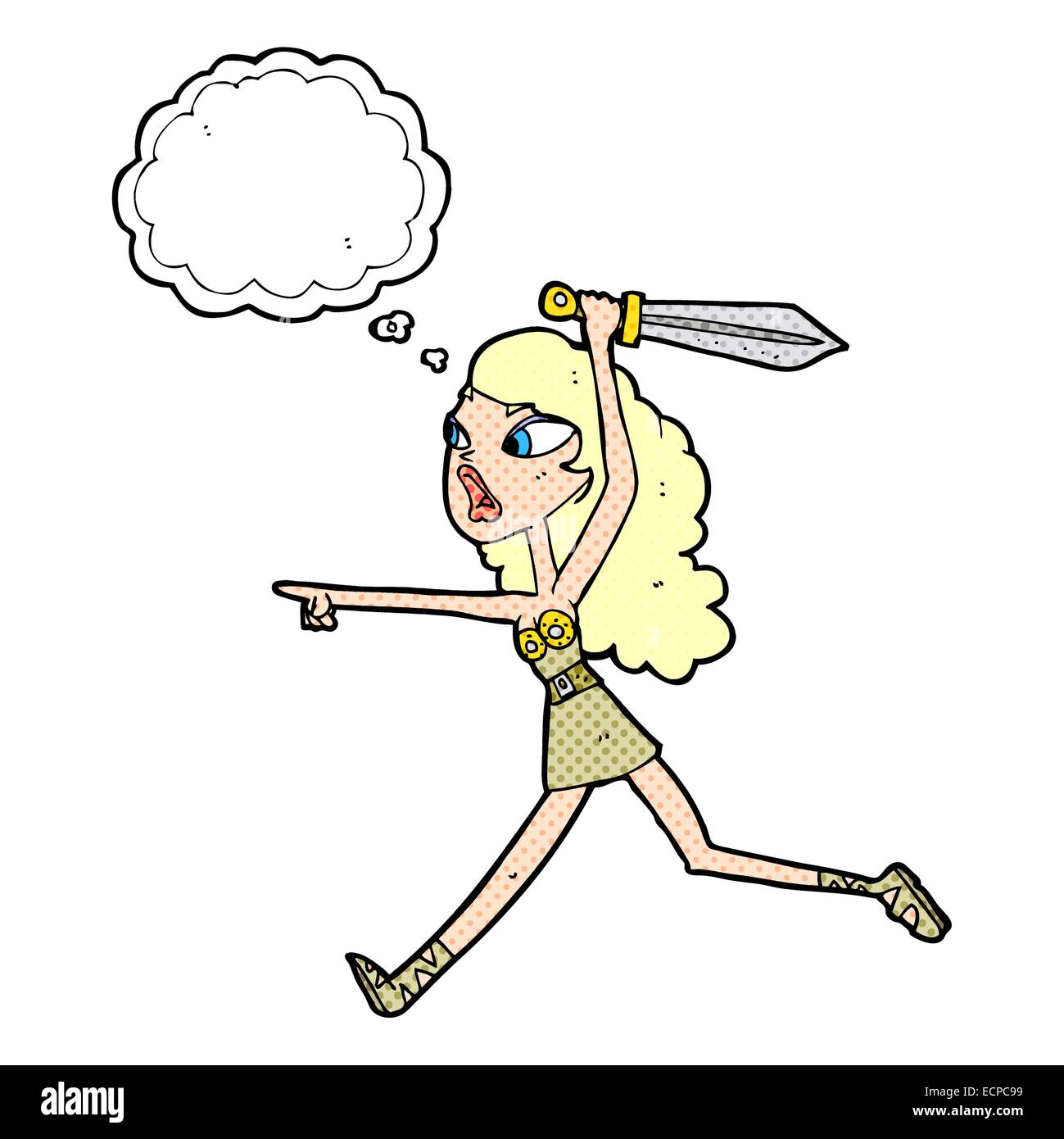 Cartoon-Viking Mädchen mit Schwert mit Gedankenblase Stock Vektor