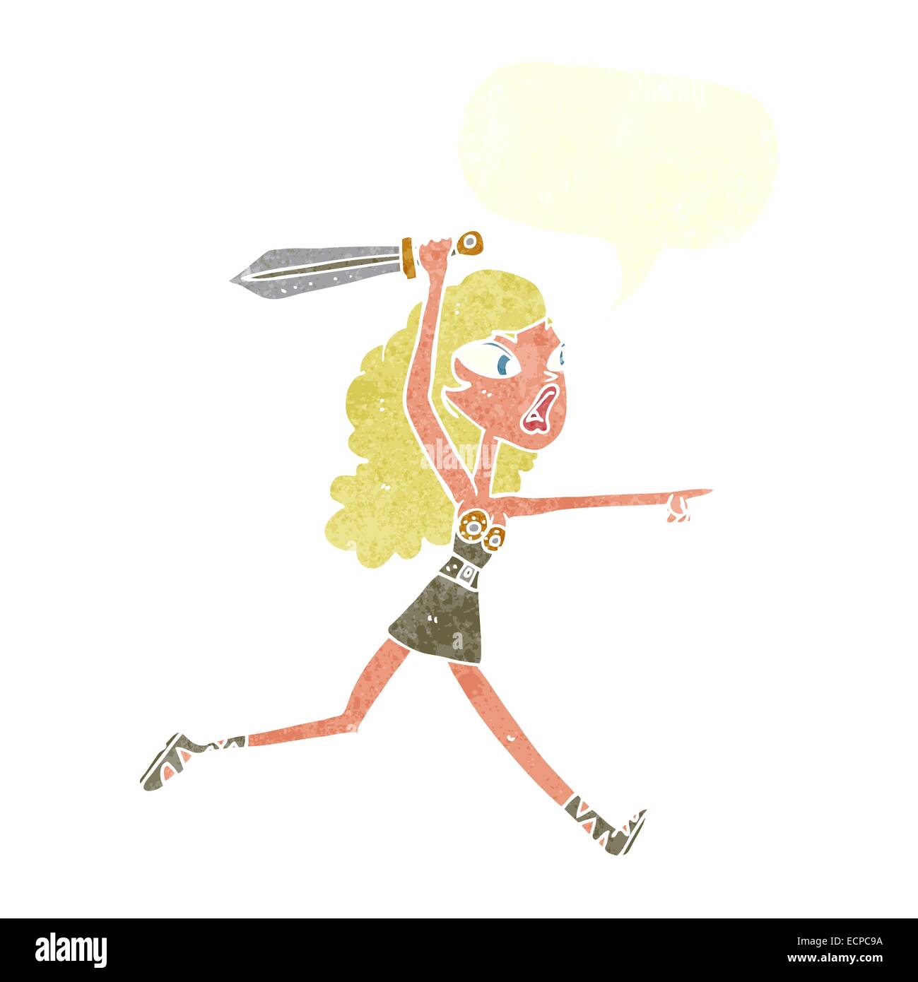 Cartoon-Viking Mädchen mit Schwert mit Sprechblase Stock Vektor